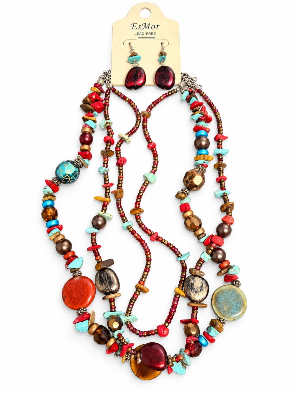 EsMor Multicolor Beaded Multistrand Necklace & Earrings Set Boho NWT